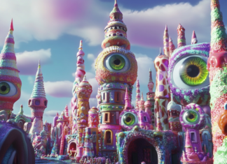 A funky city made of candy towers and blinking eyeballs in cartoon trippy style.