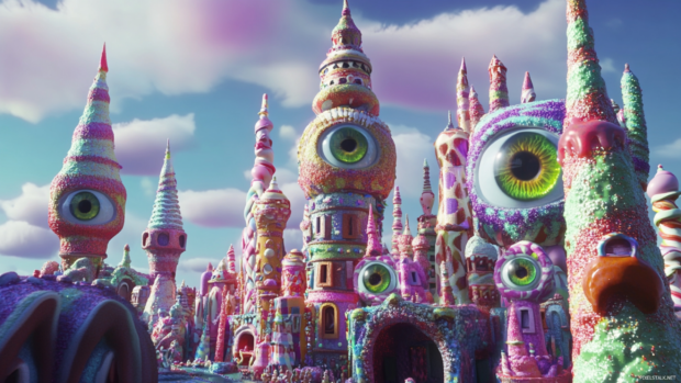 A funky city made of candy towers and blinking eyeballs in cartoon trippy style.