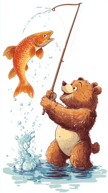 A funny bear trying to catch a fish with a fishing rod, but getting splashed by a clever fish jumping out of the water.