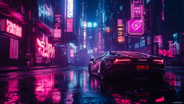 A futuristic Lamborghini Huracan wallpaper 4K with neon reflections on a cyberpunk inspired street.