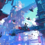 A futuristic cartoon wallpaper HD for desktop computer with flying scooters and neon buildings.