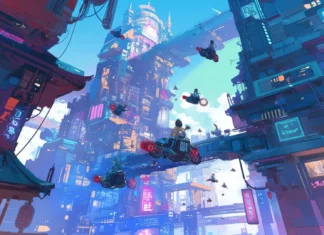 A futuristic cartoon wallpaper HD for desktop computer with flying scooters and neon buildings.
