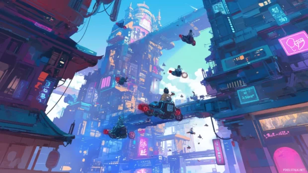 A futuristic cartoon wallpaper HD for desktop computer with flying scooters and neon buildings.