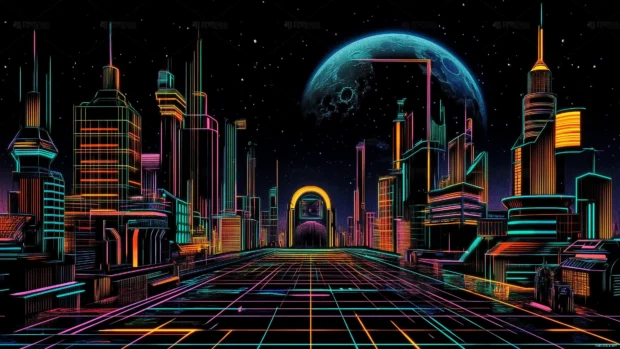 A futuristic city skyline in a retro futurism style, with sleek metallic structures, neon signs, and vibrant colors, illuminated under a glowing moonlit sky, Retro style.