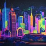 A futuristic cityscape drawn with fluorescent graffiti shapes.
