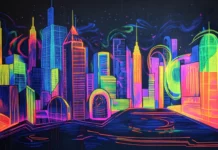 A futuristic cityscape drawn with fluorescent graffiti shapes.