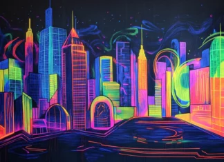 A futuristic cityscape drawn with fluorescent graffiti shapes.