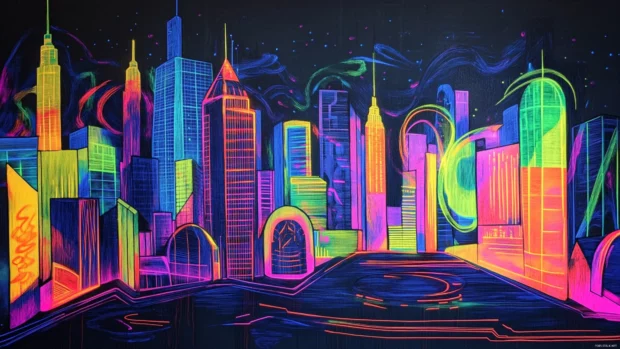 A futuristic cityscape drawn with fluorescent graffiti shapes.