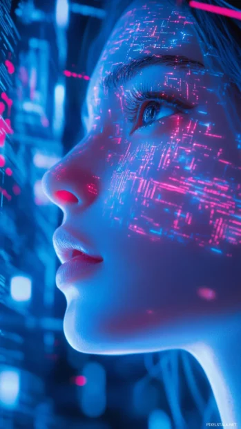 A futuristic cyber girl with glowing circuits on her face, surrounded by holographic projections.
