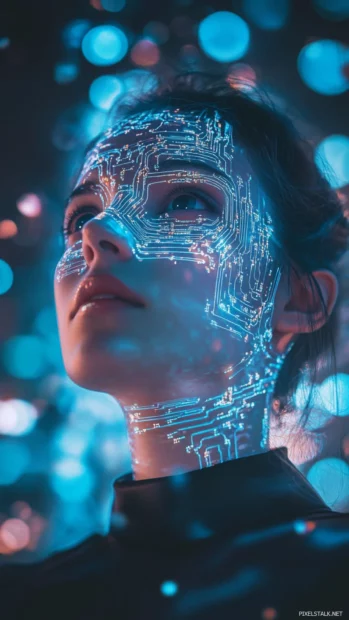 A futuristic cyber girl with glowing circuits on her face, surrounded by holographic projections.