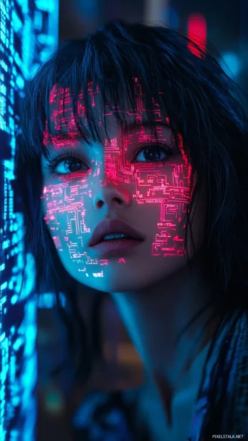 A futuristic cyber girl with glowing circuits on her face, surrounded by holographic projections.
