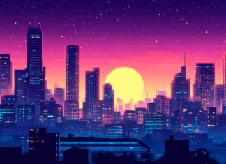 A futuristic cyberpunk city skyline perfect for 8K PC desktop backgrounds.