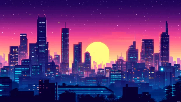 A futuristic cyberpunk city skyline perfect for 8K PC desktop backgrounds.