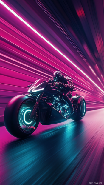 A futuristic motorcycle speeding through neon lit tunnels, perfect for cyberpunk phone wallpapers.