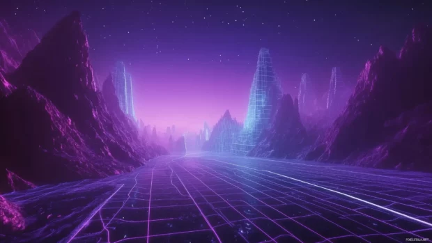 A futuristic neon grid road leading to a glowing city skyline with bright skyscrapers, under a gradient purple blue sky, Retro style.