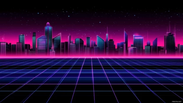 A futuristic neon grid road leading to a glowing city skyline with bright skyscrapers, under a gradient purple blue sky, Retro style.