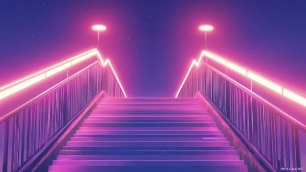 A futuristic neon lit bridge with glowing railings and vibrant color gradients, Vector illustration.