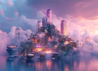 A futuristic reimagination of Surreal Island with cinematic atmosphere.