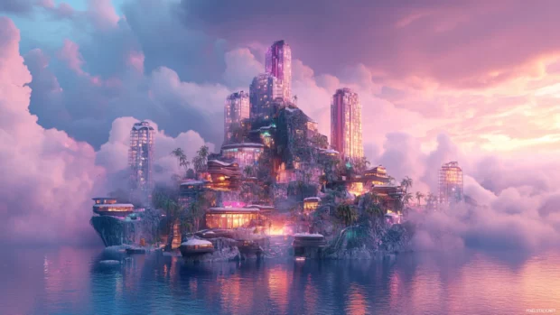A futuristic reimagination of Surreal Island with cinematic atmosphere.