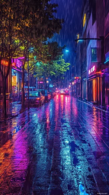 A futuristic street drenched in rain and neon colors, inspired by cyberpunk anime aesthetic phone wallpaper.