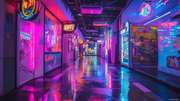 A futuristic street drenched in rain and neon colors, inspired by cyberpunk anime aesthetic wallpaper.