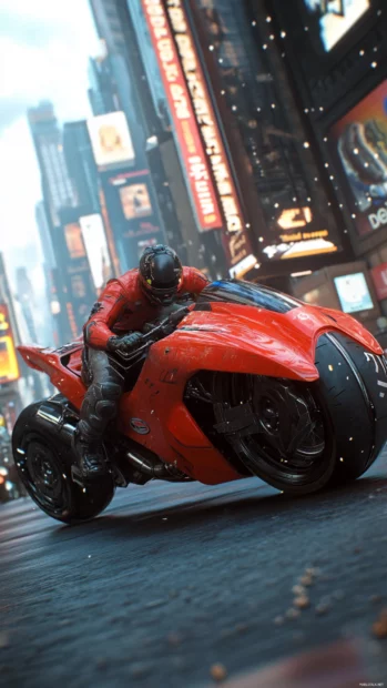 A futuristic street racer in a cyberpunk city, ideal for high resolution mobile backgrounds.