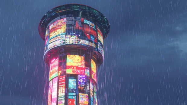 A futuristic tower with animated advertisements shimmering through heavy rainfall.