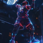 A futuristic version of LeBron James with robotic enhancements dunking on a glowing rim.