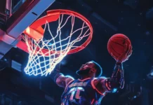 A futuristic version of LeBron James with robotic enhancements dunking on a glowing rim.