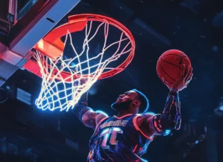 A futuristic version of LeBron James with robotic enhancements dunking on a glowing rim.