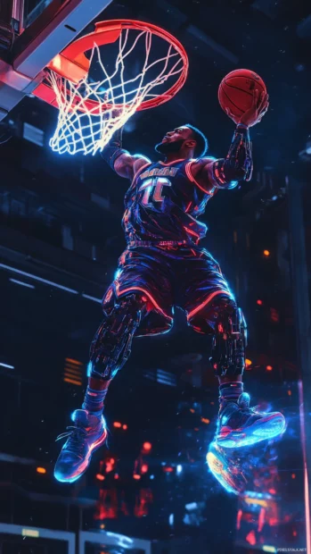 A futuristic version of LeBron James with robotic enhancements dunking on a glowing rim.