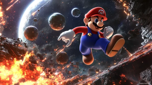 A galactic battlefield opens as Mario jumps between planets dodging cosmic fireballs.