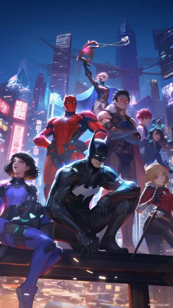 A gang of superheroes assembling at night for  cool cartoon wallpapers for iPhone.