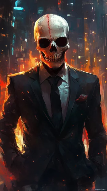 A gangster skull in a suit with a scar over one eye socket, set against a smoky cityscape, conveying a mysterious, noir vibe.
