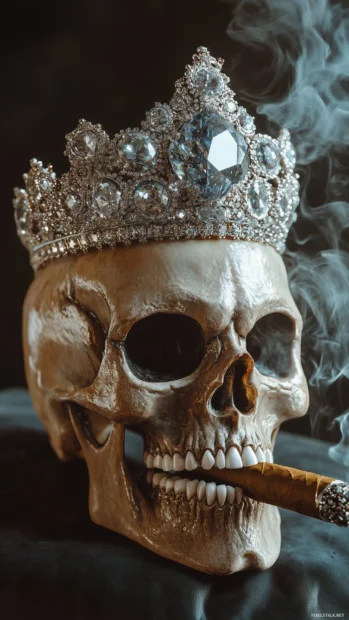 A gangster skull with a large diamond encrusted crown and a serious glare, holding a cigar between its teeth with smoke curling up.