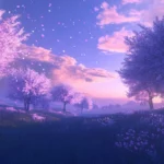 A gentle breeze blowing through anime cherry trees at dusk.