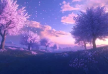 A gentle breeze blowing through anime cherry trees at dusk.