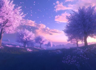 A gentle breeze blowing through anime cherry trees at dusk.