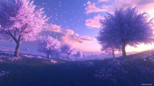 A gentle breeze blowing through anime cherry trees at dusk.