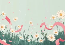 A gentle floral garden under the summertime sun, featuring soft daisies and pink ribbons.