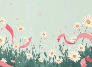 A gentle floral garden under the summertime sun, featuring soft daisies and pink ribbons.