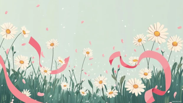 A gentle floral garden under the summertime sun, featuring soft daisies and pink ribbons.
