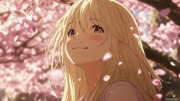 A gentle smile under falling cherry blossoms in a serene anime girl wallpaper.