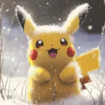 A gentle snowfall covers the field as Pikachu builds a snow Pikachu with care.