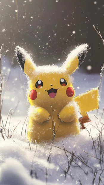 A gentle snowfall covers the field as Pikachu builds a snow Pikachu with care.