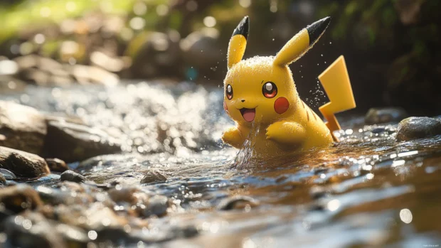 A gentle stream flows as Pikachu drinks water and glances up with sparkling eyes.