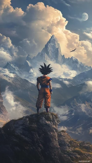 A gentle wind moves Gokus clothes as he looks toward the mountains in silence.