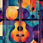 A geometric tile design featuring stylized guitars, microphones, and headphones in a harmonious color palette, capturing the essence of modern music aesthetics.