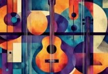 A geometric tile design featuring stylized guitars, microphones, and headphones in a harmonious color palette, capturing the essence of modern music aesthetics.