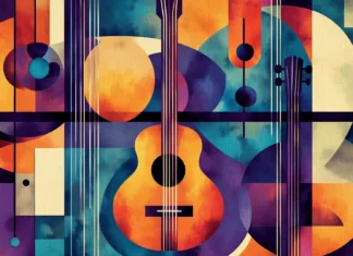 A geometric tile design featuring stylized guitars, microphones, and headphones in a harmonious color palette, capturing the essence of modern music aesthetics.